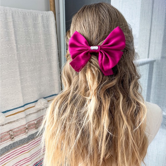 Handmade Magenta Pink Satin Hair Bow Clip With Jewel Made by ClosetVenture - Picture 4 of 4